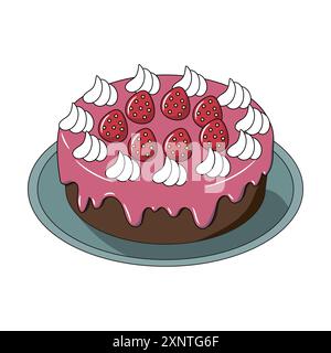 Gâteau aux fraises au chocolat rétro, illustration, vecteur, clipart, dessiné à la main, mignon, recette, image, dessert, sucré, pâtisserie, boulangerie, rouge, crème fouettée, c Illustration de Vecteur