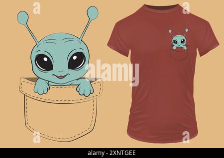 Mignon petit alien dans une poche. Illustration vectorielle pour tshirt, site Web, impression, clip art, affiche et impression sur demande. Illustration de Vecteur