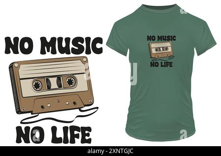 Cassette compacte rétro avec une citation drôle pas de musique pas de vie. Illustration vectorielle pour le merch de tshirt, site Web, clip art et impression personnalisée sur demande merch Illustration de Vecteur