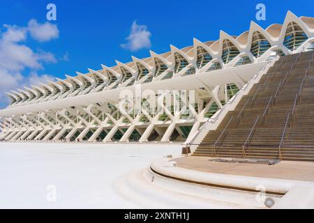 Vue détaillée des magnifiques marches menant aux merveilles architecturales de la Cité des Arts et des Sciences, mettant en valeur le design moderne. Banque D'Images