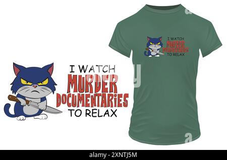 Joli dessin animé chaton en colère avec un couteau avec une citation amusante je regarde des documentaires de meurtre pour se détendre. Illustration vectorielle pour tshirt merch Illustration de Vecteur