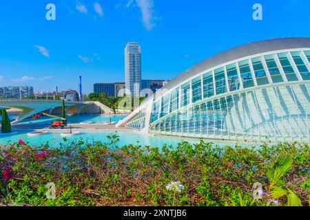 Valence, Espagne - 12 juillet 2024 : architecture moderne à la Cité des Arts et des Sciences, entourée d'eaux sereines et d'une végétation luxuriante par une journée d'été ensoleillée Banque D'Images