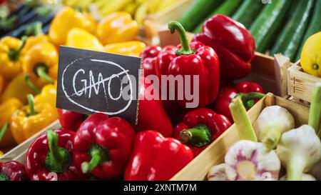 No OGM Sign on a Farmers Market Food Stall avec des poivrons rouges biologiques frais provenant d'une terre agricole locale. Marché extérieur avec fruits et légumes écologiques sans modifications génétiques Banque D'Images