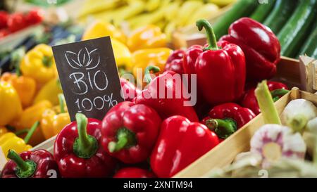 100 Bio signe sur un stand de nourriture avec des poivrons doux biologiques frais rouges et jaunes d'une ferme locale. Marché des fermiers en plein air avec des fruits et légumes biologiques sans additifs OGM Banque D'Images