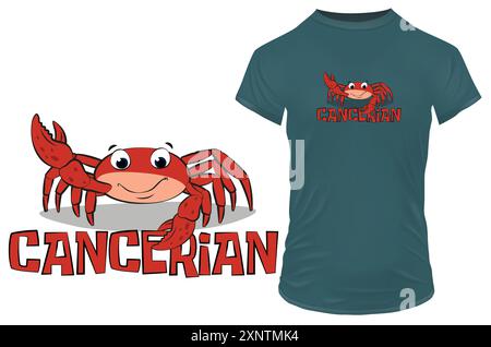 Design de t-shirt avec citation du zodiaque du Cancer représentant une jolie crabe rouge et une illustration vectorielle de crabe en dessin animé Illustration de Vecteur