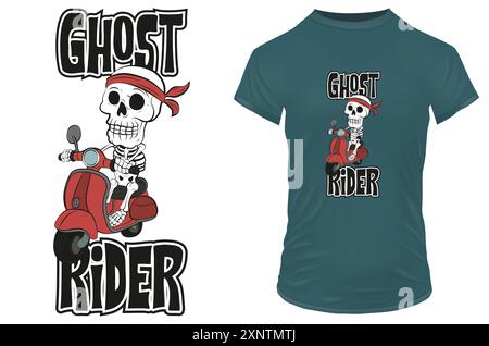 Dessin animé squelette drôle en bandana chevauchant un scooter rouge avec citation Ghost Rider. Illustration vectorielle pour tshirt, site Web, clip art et impression sur demande Illustration de Vecteur