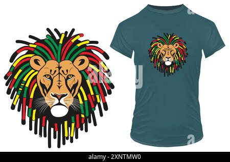 Un lion rastafarien cool avec des dreadlocks colorés. Illustration vectorielle pour tshirt, site Web, clip art, affiche et impression sur demande. Illustration de Vecteur