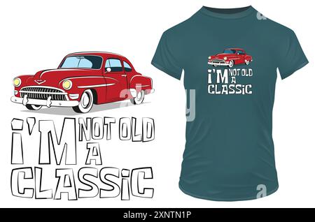 Maquette de design de t-shirt humoristique "Je ne suis pas vieux, je suis un classique" avec une voiture rouge vintage sur un t-shirt mauve — Vêtements rétro automobiles amusants Illustration de Vecteur
