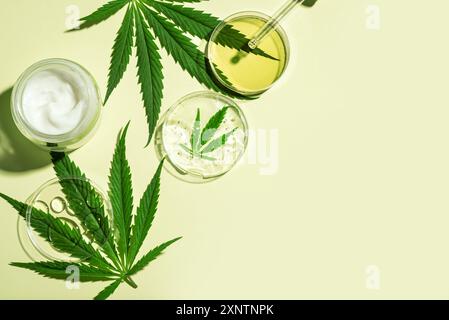 Feuilles de cannabis de chanvre et produits cosmétiques, huile de cbd en bouteille et capsules, crème pour le visage et sérum sur fond vert clair, espace copie. La recherche bio Banque D'Images