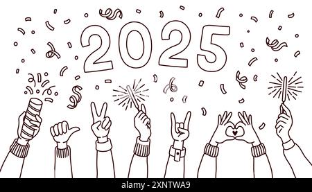 Doodle style 2025 nouvel an et bannière de Noël avec des mains. Bonne année Joyeux Noël dessiné à la main Doodle Elements Illustration de Vecteur