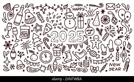 Bonne année 2025 doodle Elements, set New Year Party Elements doodle en noir isolé sur fond blanc. Illustration de Vecteur