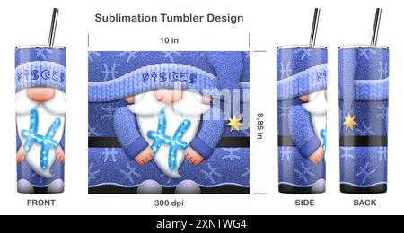 Gnome zodiaque POISSONS avec signe du zodiaque. Modèle de sublimation sans couture pour gobelet skinny de 20 oz. Illustration de sublimation. Sans couture d'un bord à l'autre. Banque D'Images