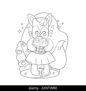 Coloriage de dessins pour enfants. Un personnage de renard avec des oreilles surdimensionnées et une expression joyeuse se tient dans un jardin vibrant Illustration de Vecteur