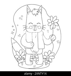 Coloriage de dessins pour enfants. Loup heureux tenant une fleur entourée de fleurs colorées dans un cadre extérieur joyeux Illustration de Vecteur