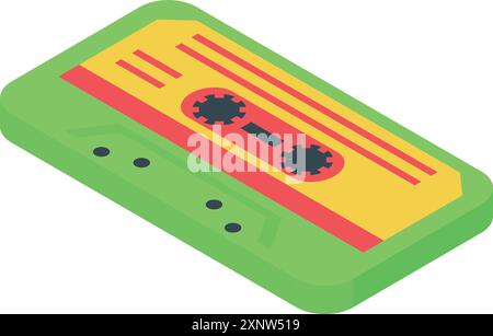 Illustration isométrique représentant une cassette audio verte et jaune reposant sur une surface Illustration de Vecteur