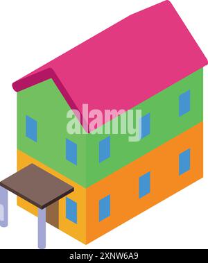 Maison de deux étages avec icône isométrique de porche, concept extérieur de bâtiment Illustration de Vecteur