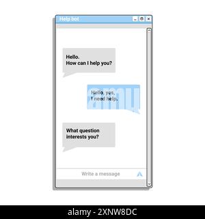 Application chat bot dans la fenêtre de couleur bleue pour le téléphone. Application de bot mobile. Illustration de Vecteur