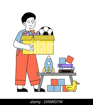 Enfant avec jouets. Boy se tient avec boîte en carton avec bal et train. Canard, fusée et cube. Divertissement et loisirs à l'intérieur. Enfant dans la chambre des enfants. Linéaire Illustration de Vecteur