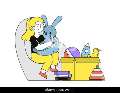 Enfant avec jouets. La fille est assise avec le lapin mou près de la boîte en carton avec des pyramides. Divertissement et loisirs à l'intérieur. Enfant dans la chambre des enfants. Vecteur linéaire Illustration de Vecteur
