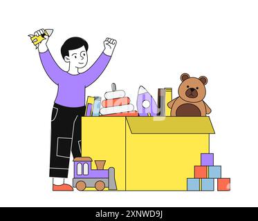 Enfant avec jouets. Garçon se tient avec la fusée près de la boîte en carton avec ours en peluche et pyramide. Divertissement et loisirs à l'intérieur. Enfant dans la chambre des enfants. Vecteur linéaire Illustration de Vecteur