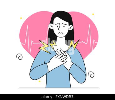 Femme avec crise cardiaque. La jeune fille tient ses mains sur sa poitrine. Personne souffrent de mal, accident vasculaire cérébral. Stress et panique. Soins de santé et médecine Illustration de Vecteur