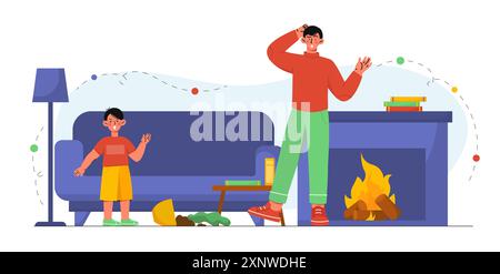 Vilain garçon à la maison. Homme surpris se tient dans l'appartement et regarde le désordre. Fils créer le chaos dans la chambre. Meubles cassés et sol sale. Vecteur plat Illustration de Vecteur