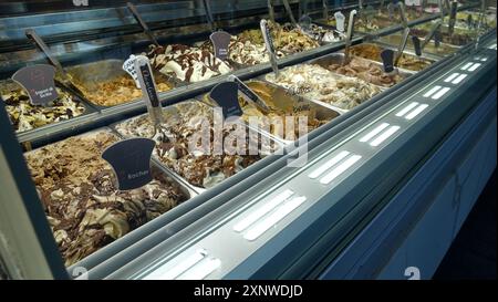 Rocca Monfina, Italie, 22 juin 2024. Un aperçu du comptoir d'un magasin de crème glacée dans la ville. Banque D'Images