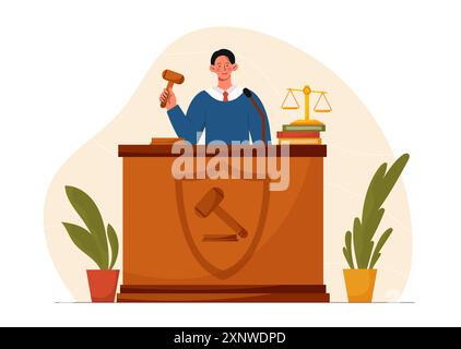 Juge avec marteau. Un homme en robe de cérémonie frappe la table avec un marteau. Justice et jurisprudence. Avocat et jury. Lois et législations. Vecteur plat Illustration de Vecteur