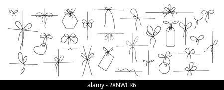 Arc cadeau de ligne. Ficelle mince pour emballage de colis cadeau, cordon de corde de ligne noire avec un nœud simple et des rubans d'arc, étiquettes de prix pour la décoration d'emballage de cadeau d'anniversaire ou de Noël. Ensemble de nœuds de doodle vectoriels. Illustration de Vecteur
