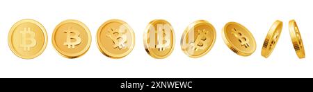 Pièce rotative bitcoin doré. Monnaie virtuelle crypto-monnaie différente côté set illustration vectorielle réaliste. Actifs financiers paiement électronique croissance de l'exploitation des revenus et des investissements en monnaie mondiale. Illustration de Vecteur