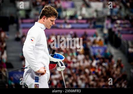 Paris, France. 02 août 2024. Jakub Jurka (CZE) aux demi-finales de l'équipe d'épée masculine d'escrime aux Jeux Olympiques de Paris, France, le 2 août 2024. Crédit : Jaroslav Svoboda/CTK photo/Alamy Live News Banque D'Images