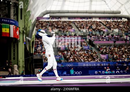Paris, France. 02 août 2024. Martin Rubes (CZE) aux demi-finales de l'équipe d'épée masculine d'escrime aux Jeux Olympiques de Paris, France, le 2 août 2024. Crédit : Jaroslav Svoboda/CTK photo/Alamy Live News Banque D'Images
