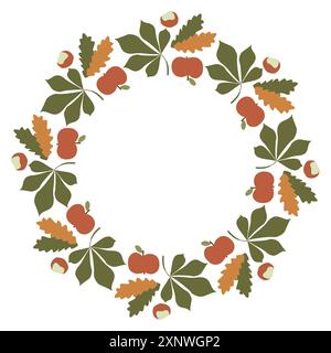 Clipart de vecteur de couronne de feuille d'automne, cadre de Botany plat rond d'automne. Isolé sur illustration blanche dans le style dessin animé. La couleur laisse l'arrière-plan avec l'espace F. Illustration de Vecteur