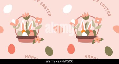 Motif sans couture de Pâques avec lapin, oeufs, panier et fleurs de printemps sur fond rose. Vector Flat Cartoon fond avec lettrage Happy EAS Illustration de Vecteur