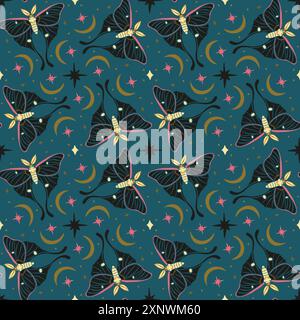 Motif sans couture avec motif céleste luna Moth et Paisley. Fond d'écran boho étoiles et lunes Illustration de Vecteur
