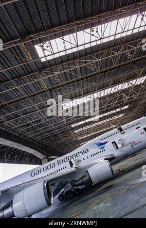 20 avril 2010, Jakarta, Indonésie: Garuda Indonesia Aircraft au GMF AeroAsia Hanggar, aéroport Soekarno Hatta. Banque D'Images