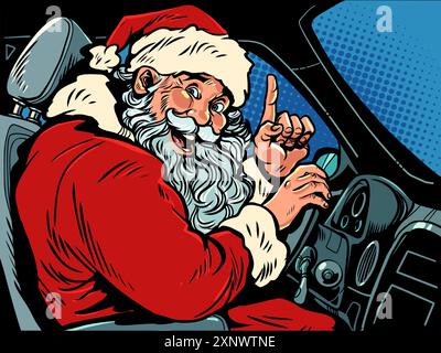 Le Père Noël est assis dans une voiture derrière le volant. À venir Noël et les vacances du nouvel an. Courrier cadeau à la veille des vacances. Pop Art rétro Vecto Illustration de Vecteur