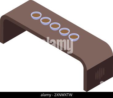 Table à thé en bois avec une rangée de tasses contenant un liquide foncé, prête pour une cérémonie du thé traditionnelle Illustration de Vecteur