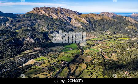 Aérien de la belle vallée derrière Pollença, Majorque, îles Baléares, Espagne, Méditerranée, Europe Banque D'Images