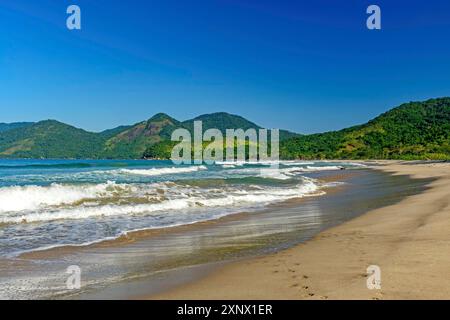 Image panoramique de la plage de Bonete à Ilhabela avec la mer, les collines et les forêts qui l'entourent, plage de Bonete, Ilhabela, Sao Paulo, Brésil Banque D'Images