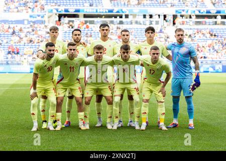 Lyon, France. 02 août 2024. Lyon, France, 2 août 2024 : photo d'équipe de l'Espagne avant les Jeux Olympiques Paris 2024 match de quart de finale masculin de football entre le Japon et l'Espagne au stade de Lyon à Lyon, France. (ANE Frosaker/SPP) crédit : SPP Sport Press photo. /Alamy Live News Banque D'Images