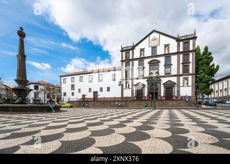 L'église Saint-Jean l'évangéliste du Collège de Funchal et fontaine d'eau à Praca do Municipio, Funchal, Madère, Portugal Banque D'Images