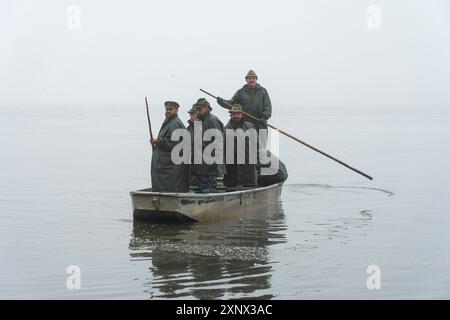 Groupe de pêcheurs sur le bateau se préparant à la récolte de poisson le matin brumeux, Rozmberk Pond, UNESCO Biosphere, Trebon, Jindrichuv Hradec District, Tchéquie Banque D'Images