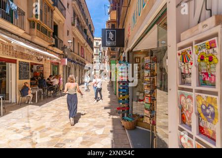 Vue de cafés, boutiques et acheteurs dans une rue étroite, Palma de Majorque, Majorque, Îles Baléares, Espagne, Méditerranée, Europe Banque D'Images