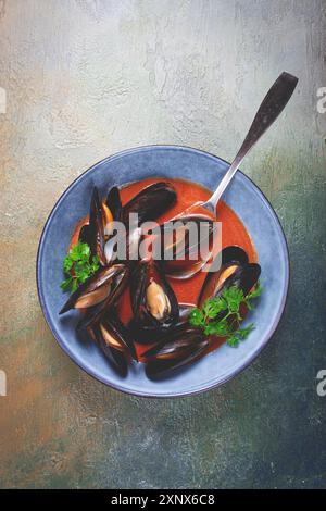 Moules FRA Diavolo, moules à la sauce tomate, plat italien, vue de dessus, fait maison, pas de gens Banque D'Images