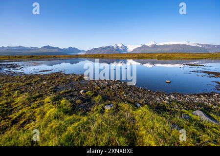 Lac avec reflet, vue sur les langues glaciaires Skaftafellsjoekull et Svinafellskoekull, sommet glaciaire de montagne Hrutfjallstindar et montagne Banque D'Images