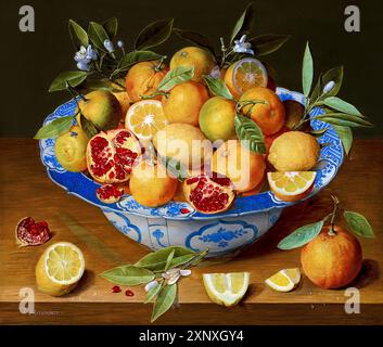 Nature morte avec des citrons, des oranges et une peinture de grenade en haute résolution de Jacob van Hulsdonck. Cette composition de nature morte représente Bright le Banque D'Images