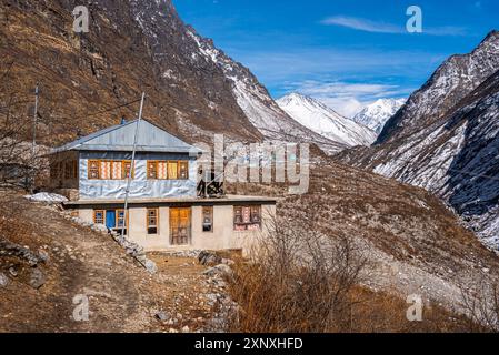 Tserko Ri et Gangchempo tours au-dessus d'une maison rustique dans l'Himalaya, Langtang Valley trek, Himalaya, Népal, Asie Copyright : CasparxSchlageter 1372-4 Banque D'Images