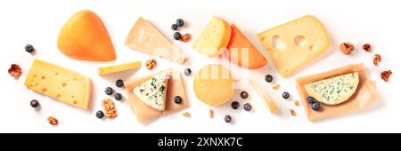 Panorama sur le fromage, tiré d'en haut sur fond blanc. Une variété de fromages Banque D'Images