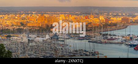 Vue de la ville de Palma et de la cathédrale depuis Castell de Bellver au coucher du soleil, Majorque, Îles Baléares, Espagne, Méditerranée, Europe Copyright : Fran Banque D'Images